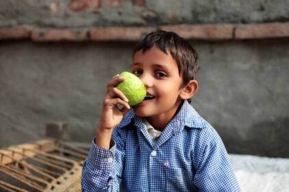 Child eating fruit at home.